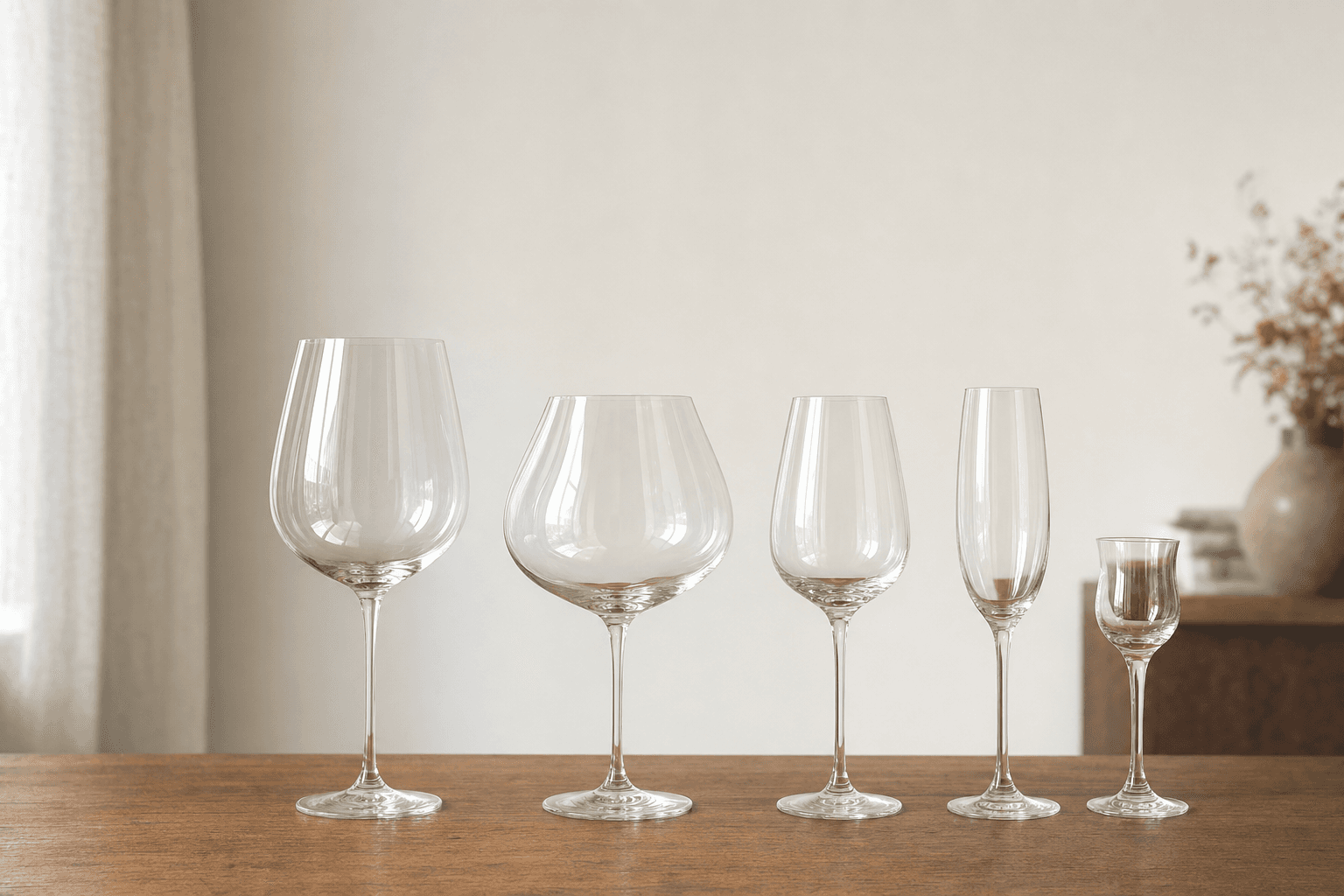 Diferentes tipos de copas de vino alineadas sobre una mesa de madera