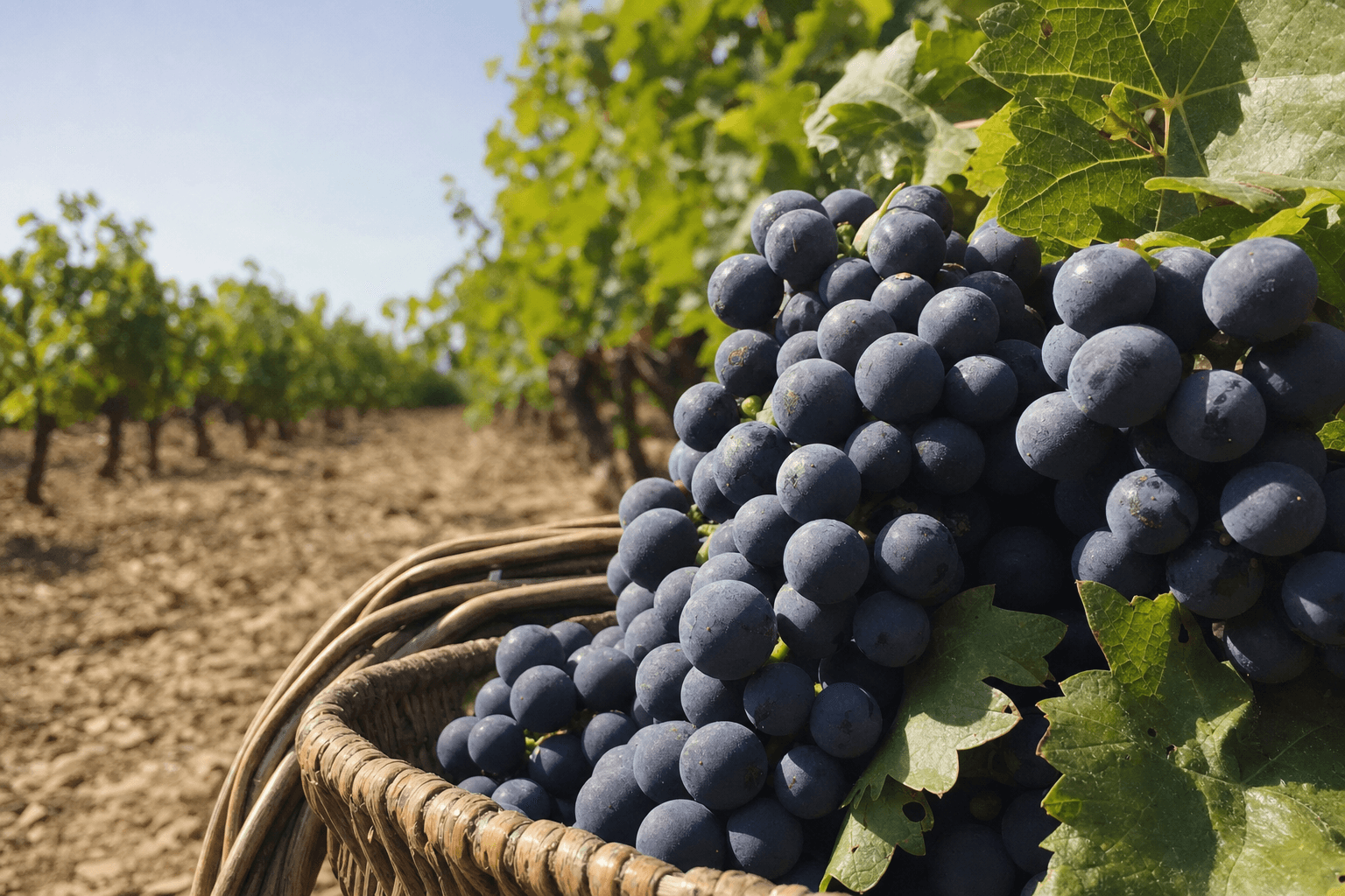Racimo de uva tempranillo recién vendimiada en cesta de mimbre, viñedo al fondo