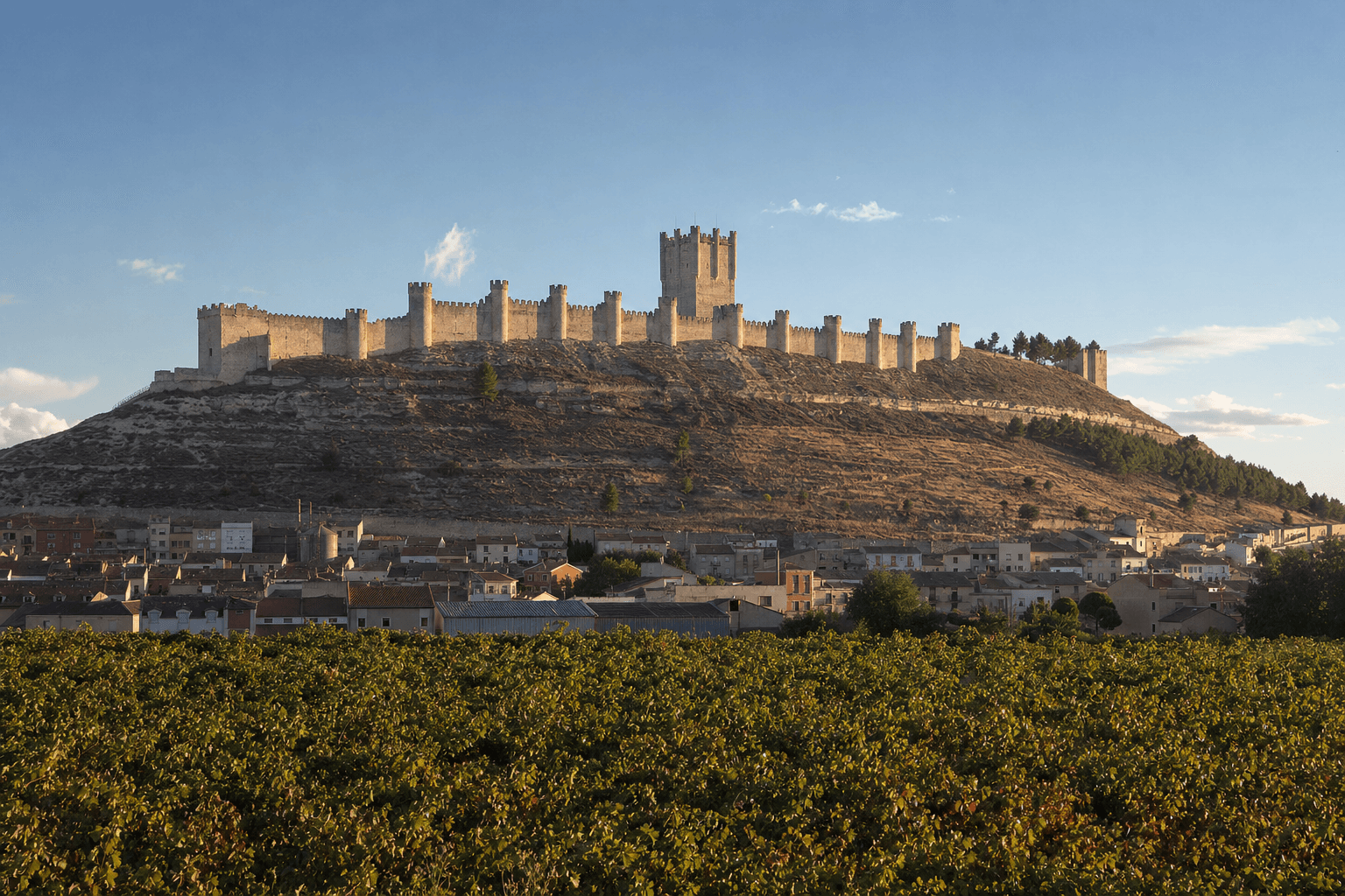 Castillo de Peñafiel con forma de barco sobre el cerro al atardecer