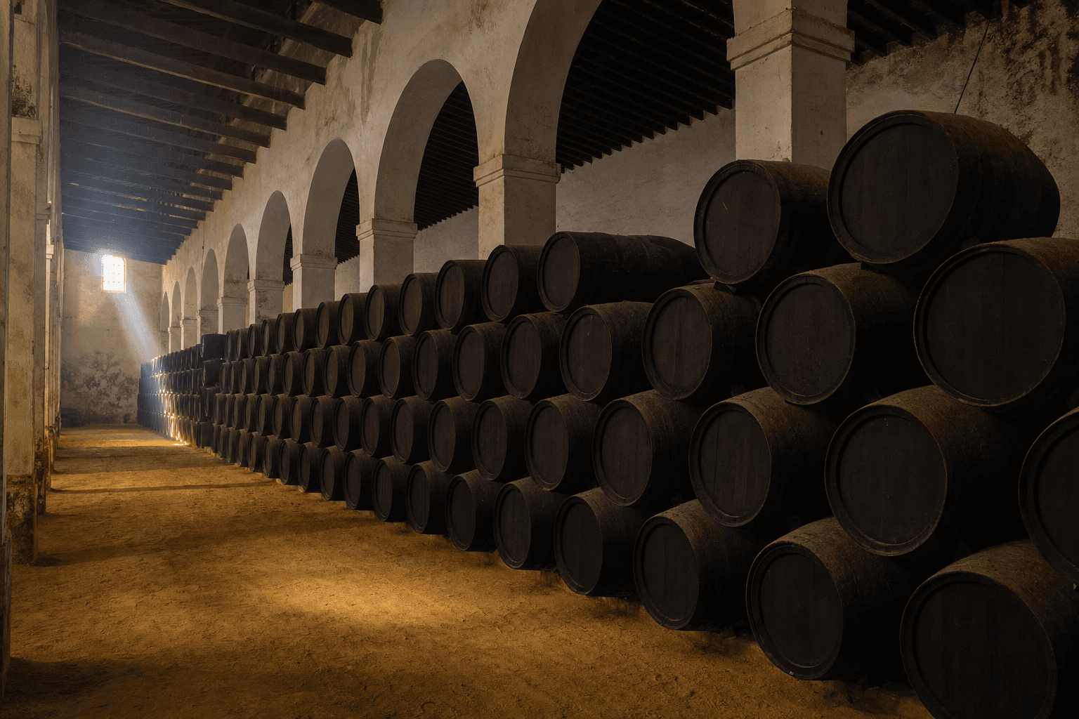Botas de jerez apiladas en una bodega catedral con un catavinos de fino en primer término