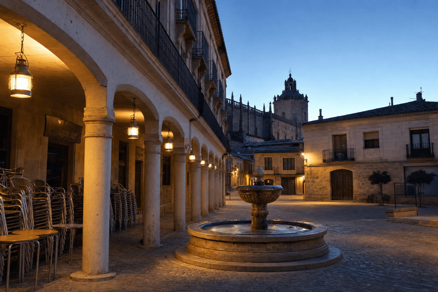 Plaza de pueblo vinícola castellano al atardecer