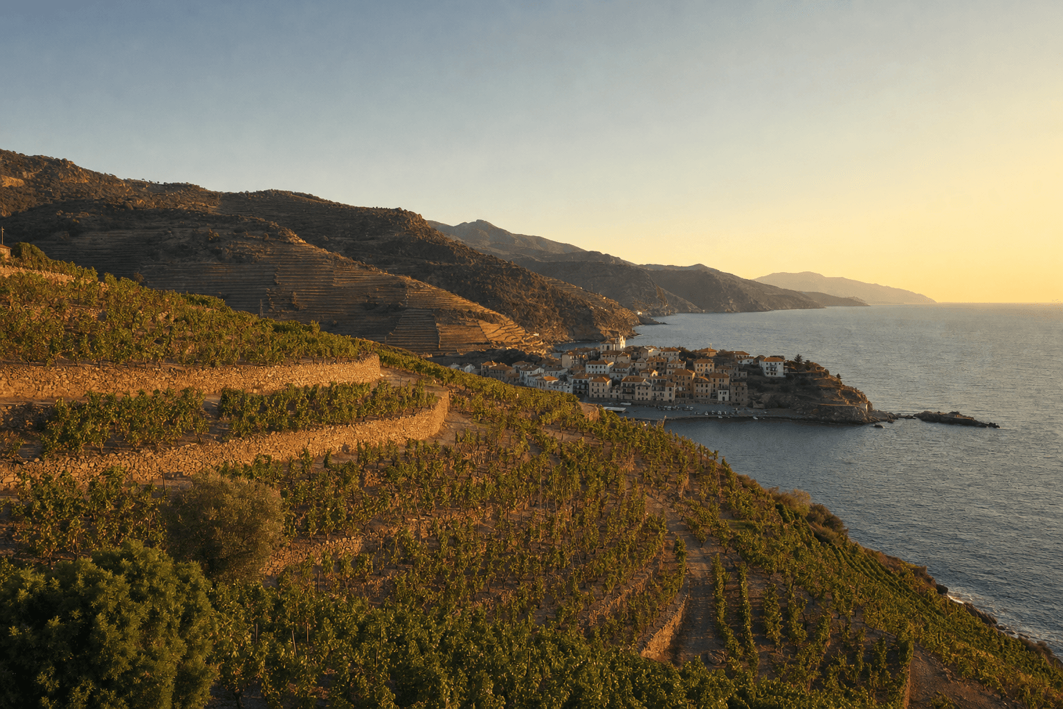 Spanish coastal vineyards with a Mediterranean fishing village in the distance at golden hour