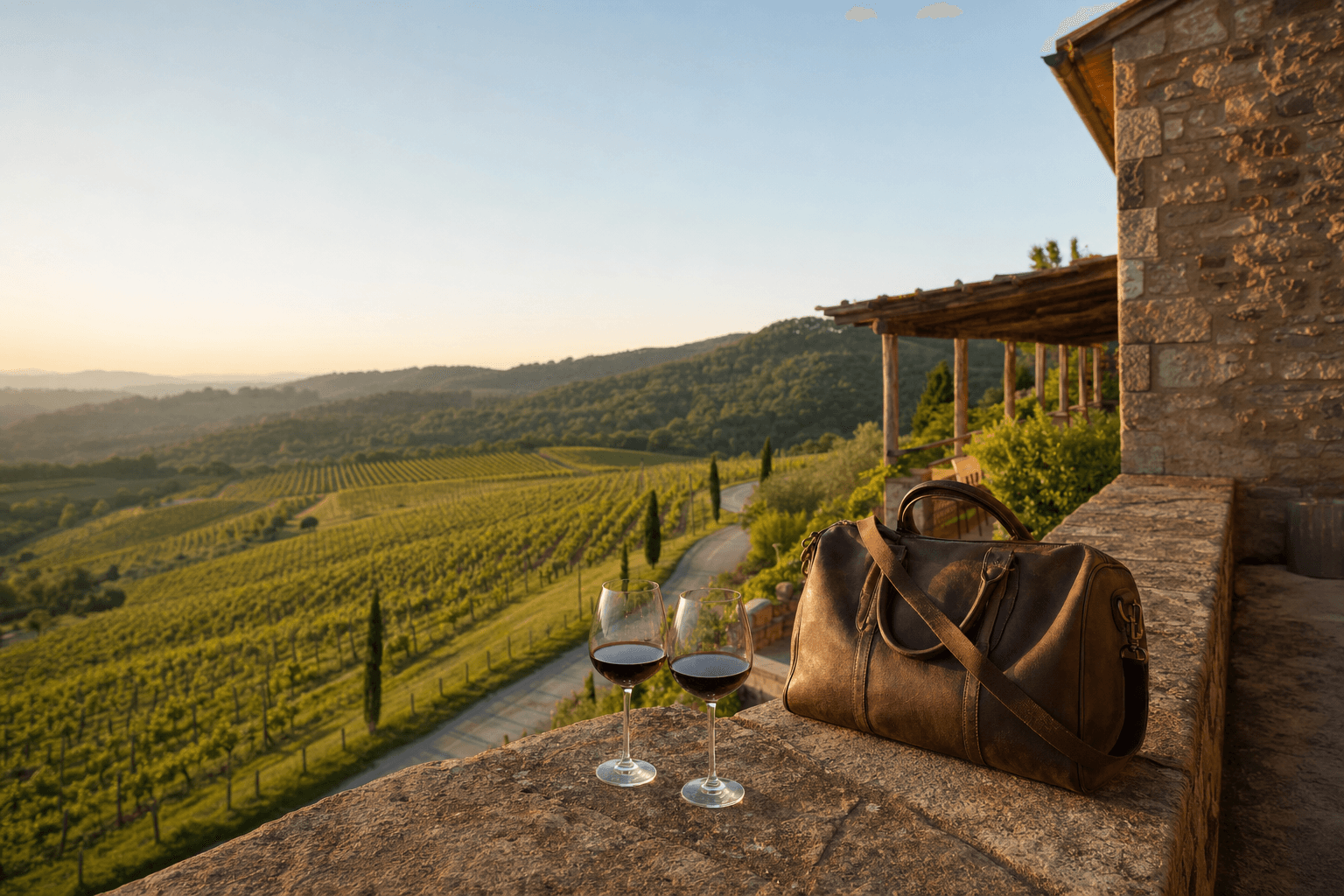 Coche clásico aparcado junto a un viñedo al atardecer con una bodega al fondo