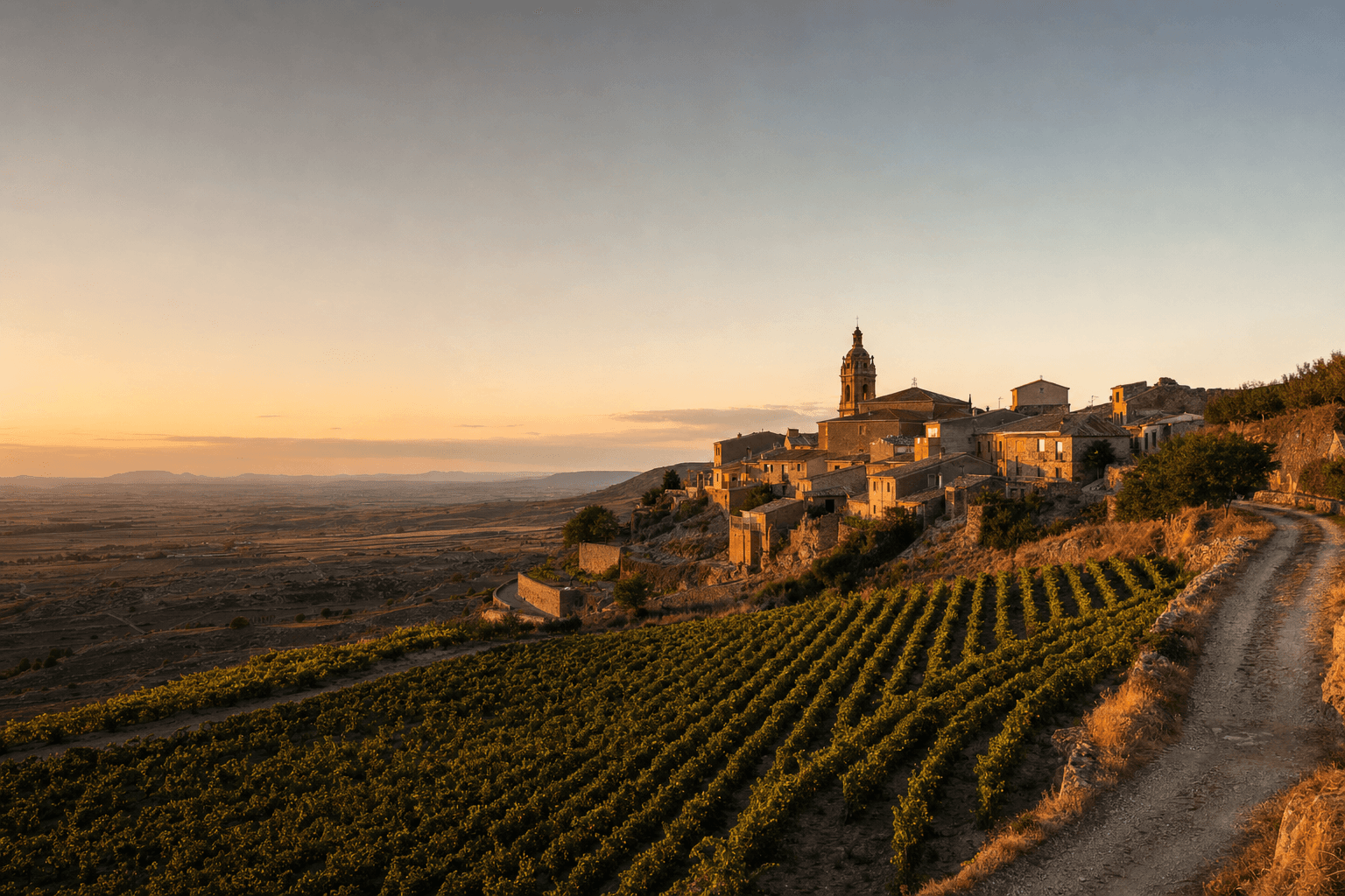 Pueblo de piedra sobre viñedos castellanos al atardecer — portada editorial Aficionadovino