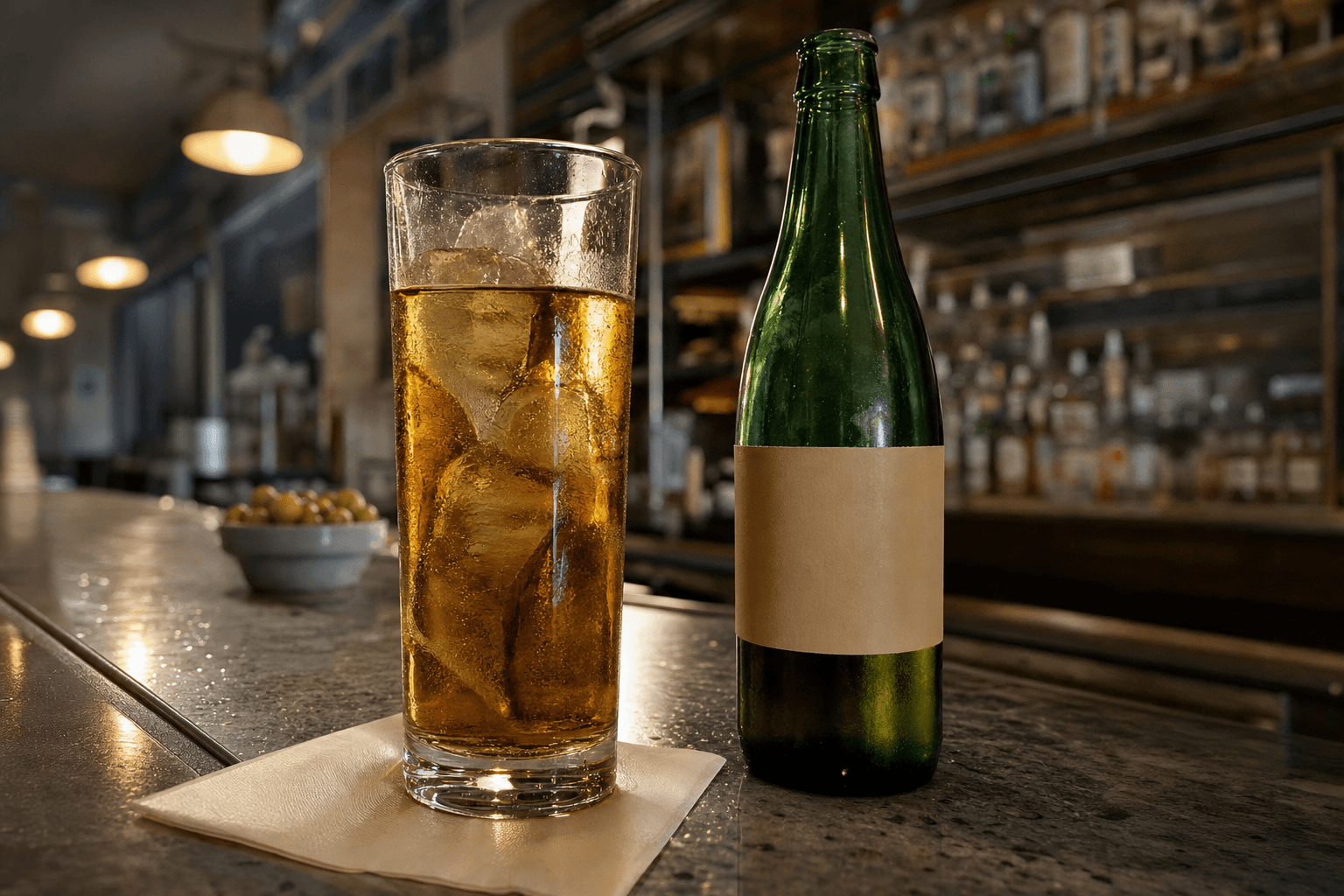 Whisky escocés pálido con cola y hielo en vaso alto junto a una botella verde en una barra española