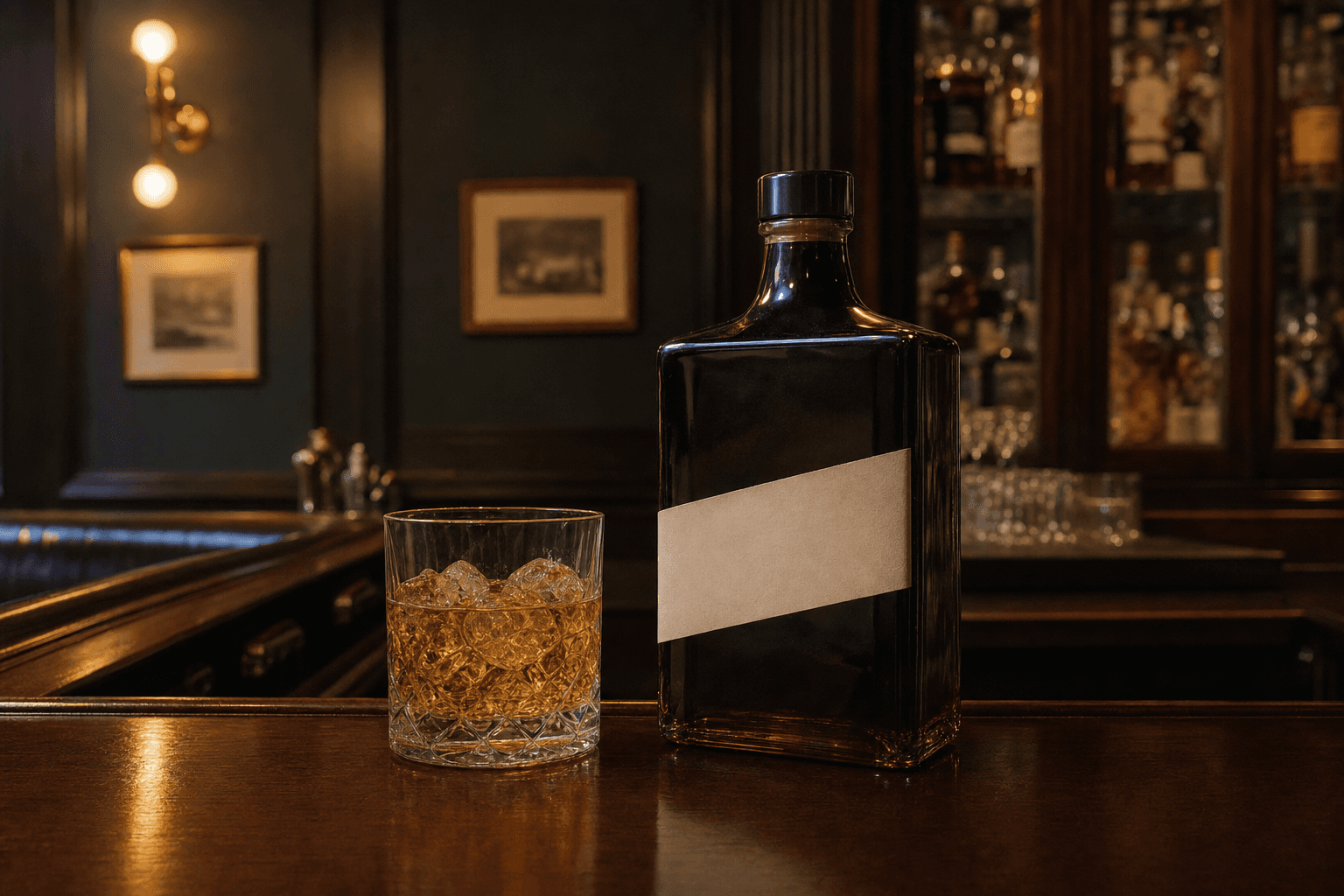 Vaso de whisky escocés con hielo junto a una botella cuadrada inclinada en una barra clásica