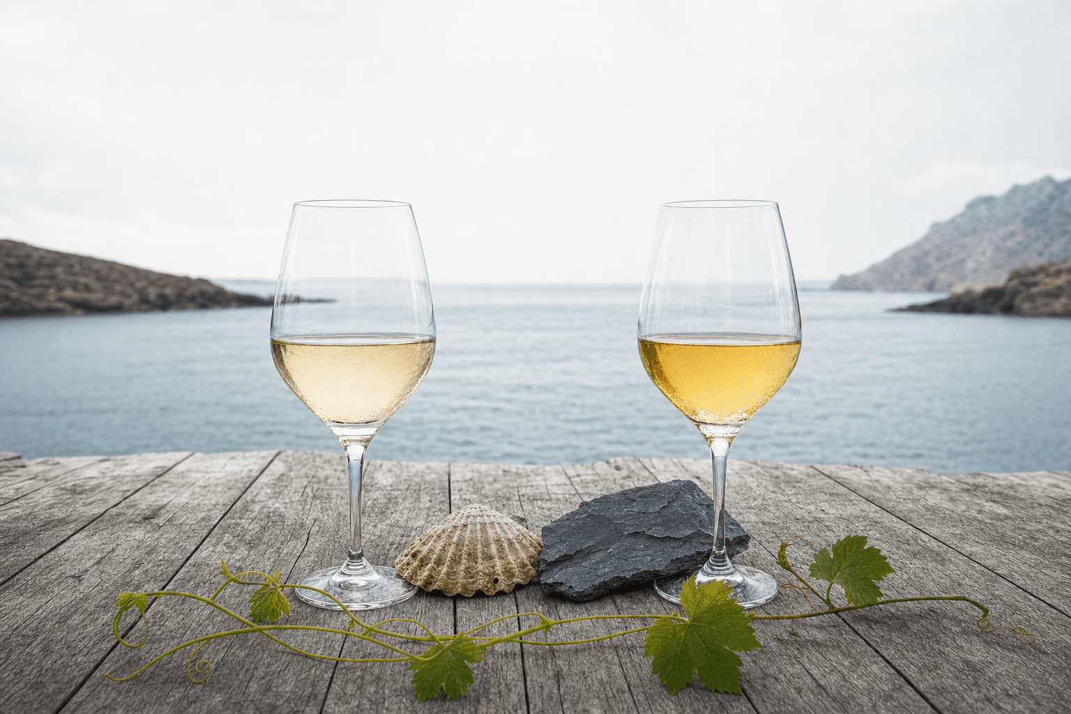 Dos copas de vino blanco gallego enfrentadas, una junto al mar y otra junto a pizarra