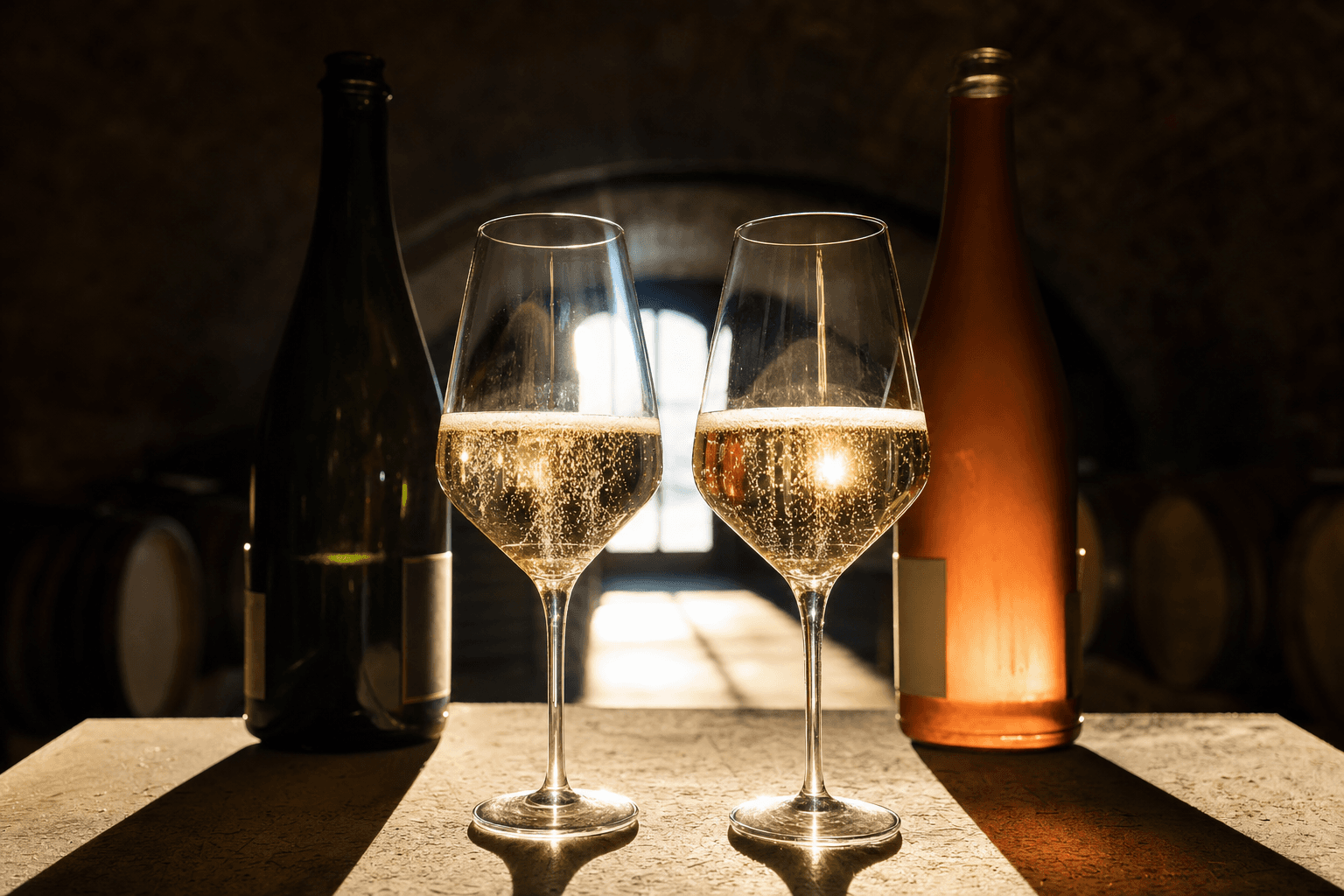Copa de cava y copa de champagne enfrentadas con sus burbujas a contraluz