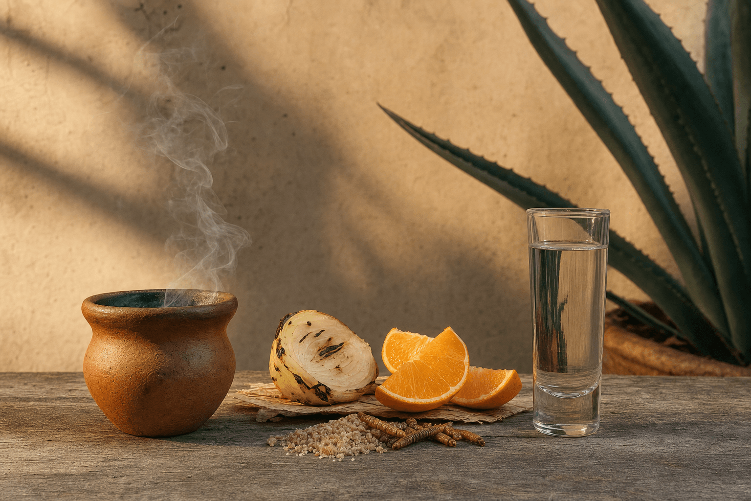 Caballito de tequila y jícara de mezcal enfrentados con agave y naranja con sal de gusano