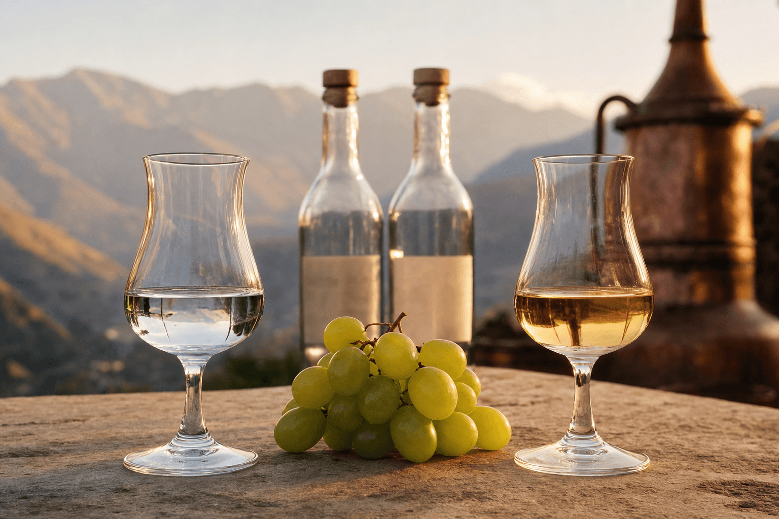 Dos copas de pisco enfrentadas, una cristalina y otra ligeramente ambarina, con uvas entre ambas