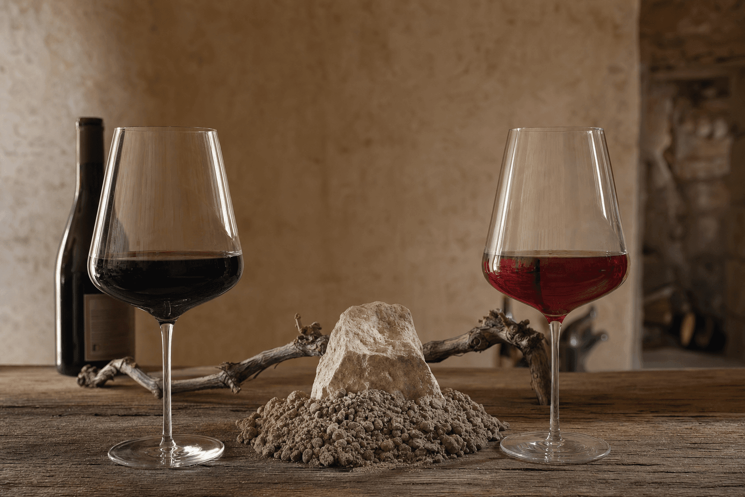Dos copas de tinto enfrentadas, una de Ribera del Duero y otra de Toro, sobre madera
