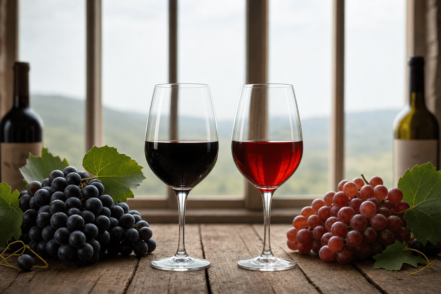 Dos copas de tinto enfrentadas, una de tempranillo oscuro y otra de garnacha más pálida