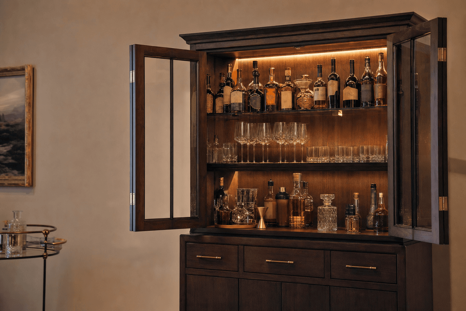 Mueble bar de madera con vitrina iluminada llena de botellas de licor y copas de cristal