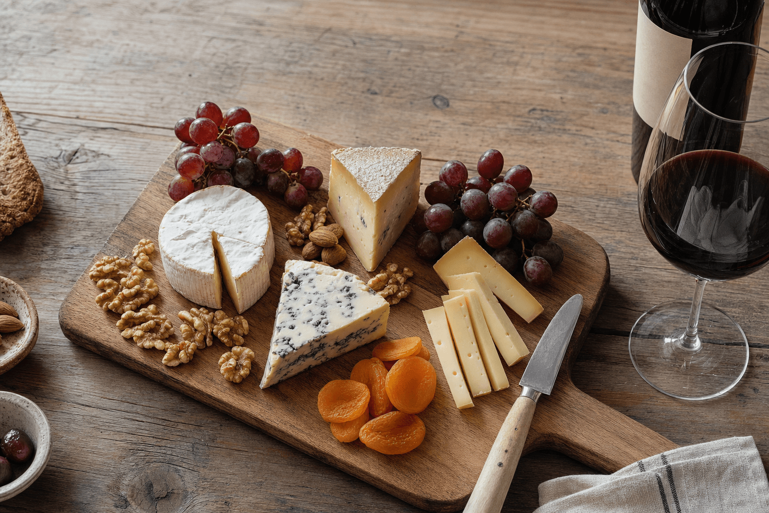 Tabla de queso de madera con varios quesos, frutos secos y una copa de vino sobre una mesa con luz cálida