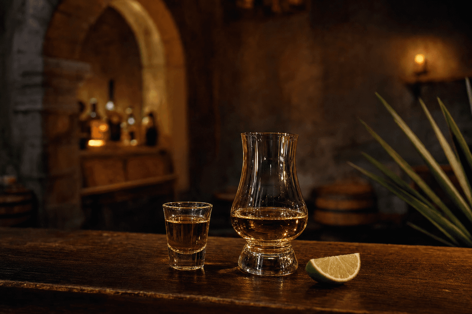 Caballito y copa catadora de tequila sobre madera, con un agave de fondo