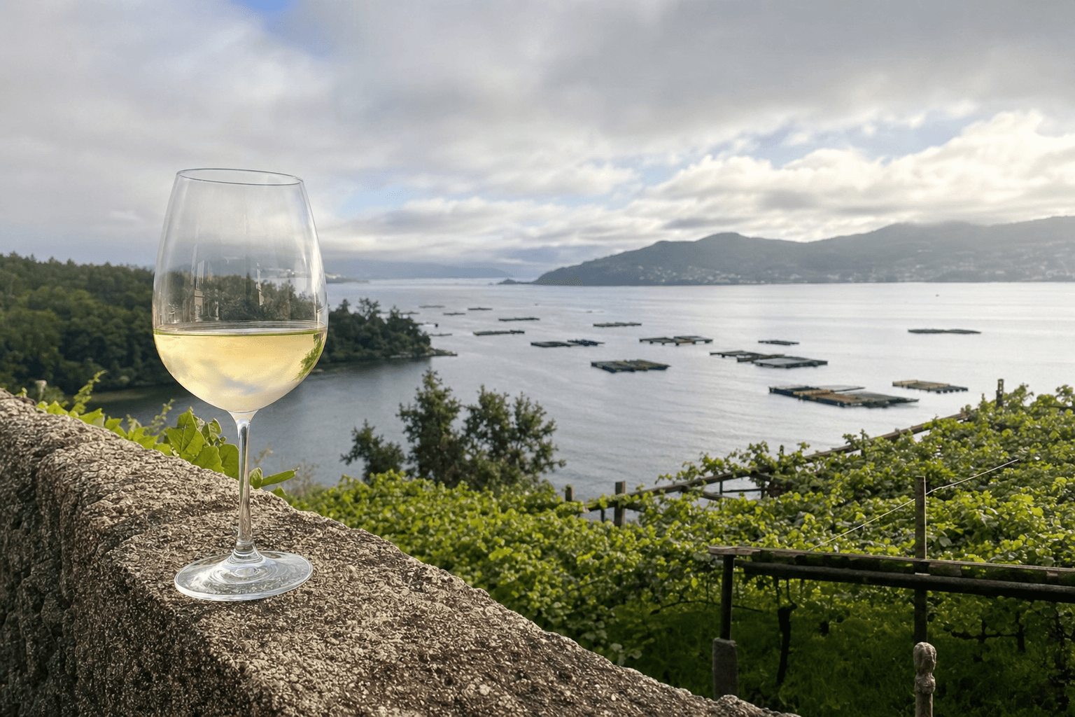 Copa de albariño sobre un muro de piedra frente a la ría gallega con bateas al fondo