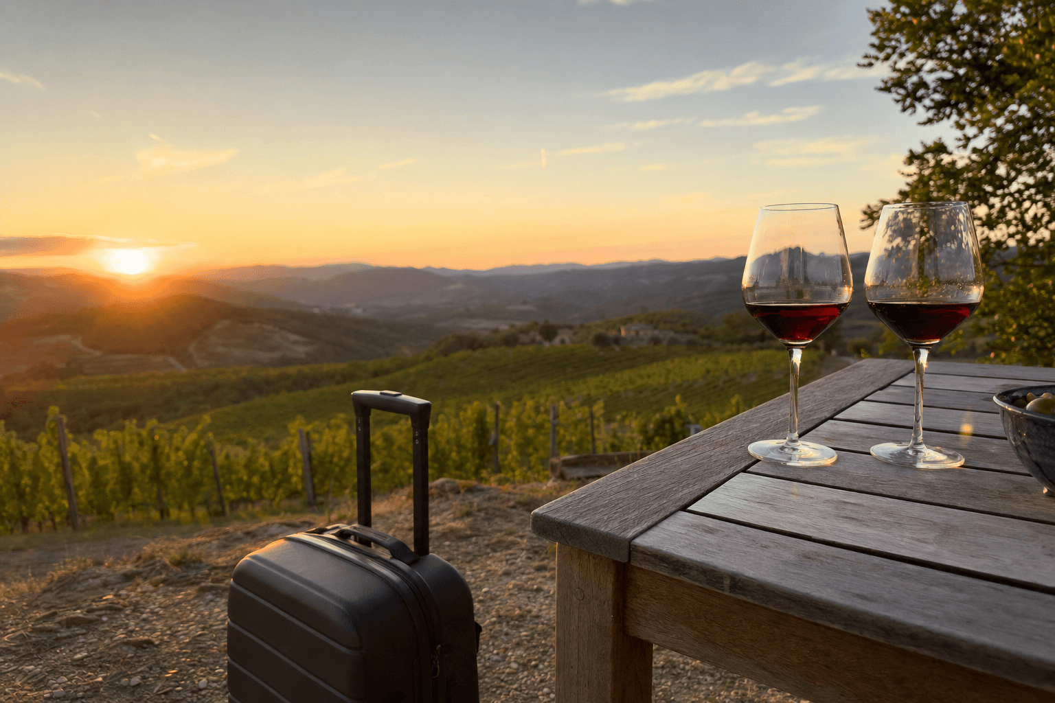 Maleta de fin de semana y dos copas de vino sobre una mesa frente a un viñedo al atardecer