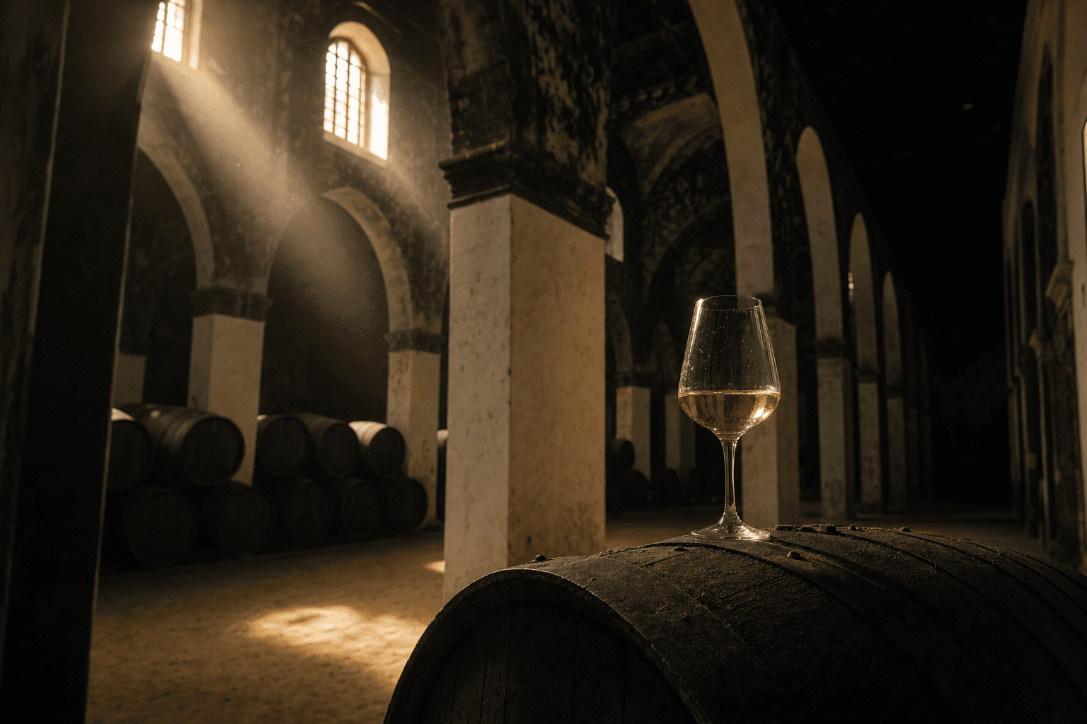 Catavinos de fino sobre una bota de jerez en una bodega catedral con luz dorada
