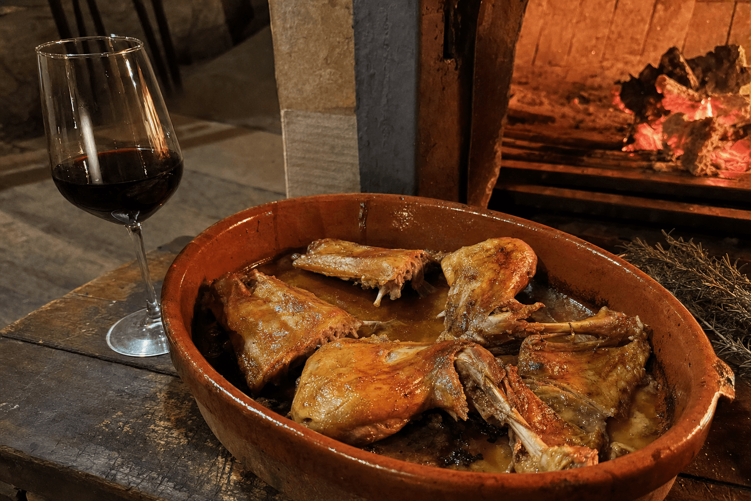 Lechazo asado castellano en horno de leña con una copa de tinto de Ribera del Duero