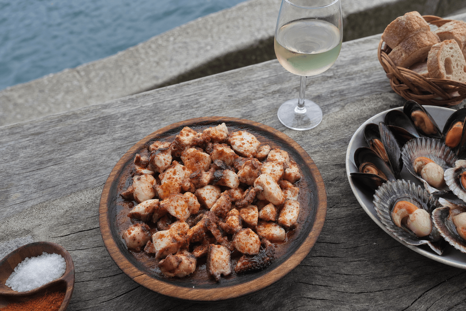 Mesa gallega con pulpo á feira, marisco de las rías y una copa de albariño