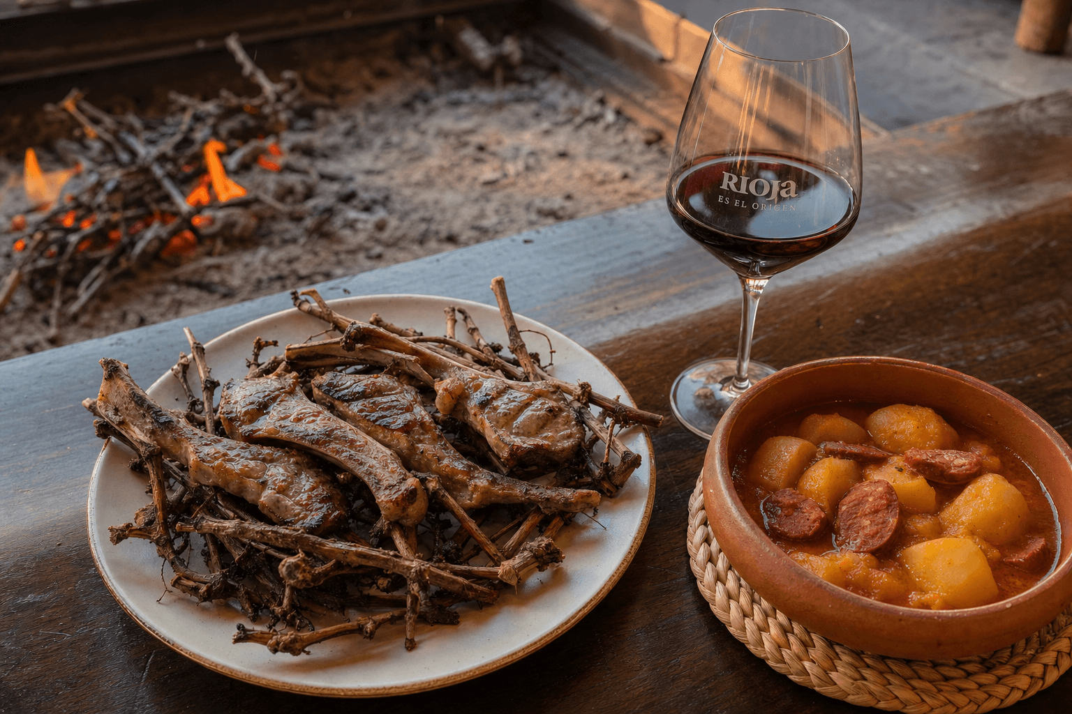 Chuletillas al sarmiento y patatas a la riojana con una copa de tinto de Rioja
