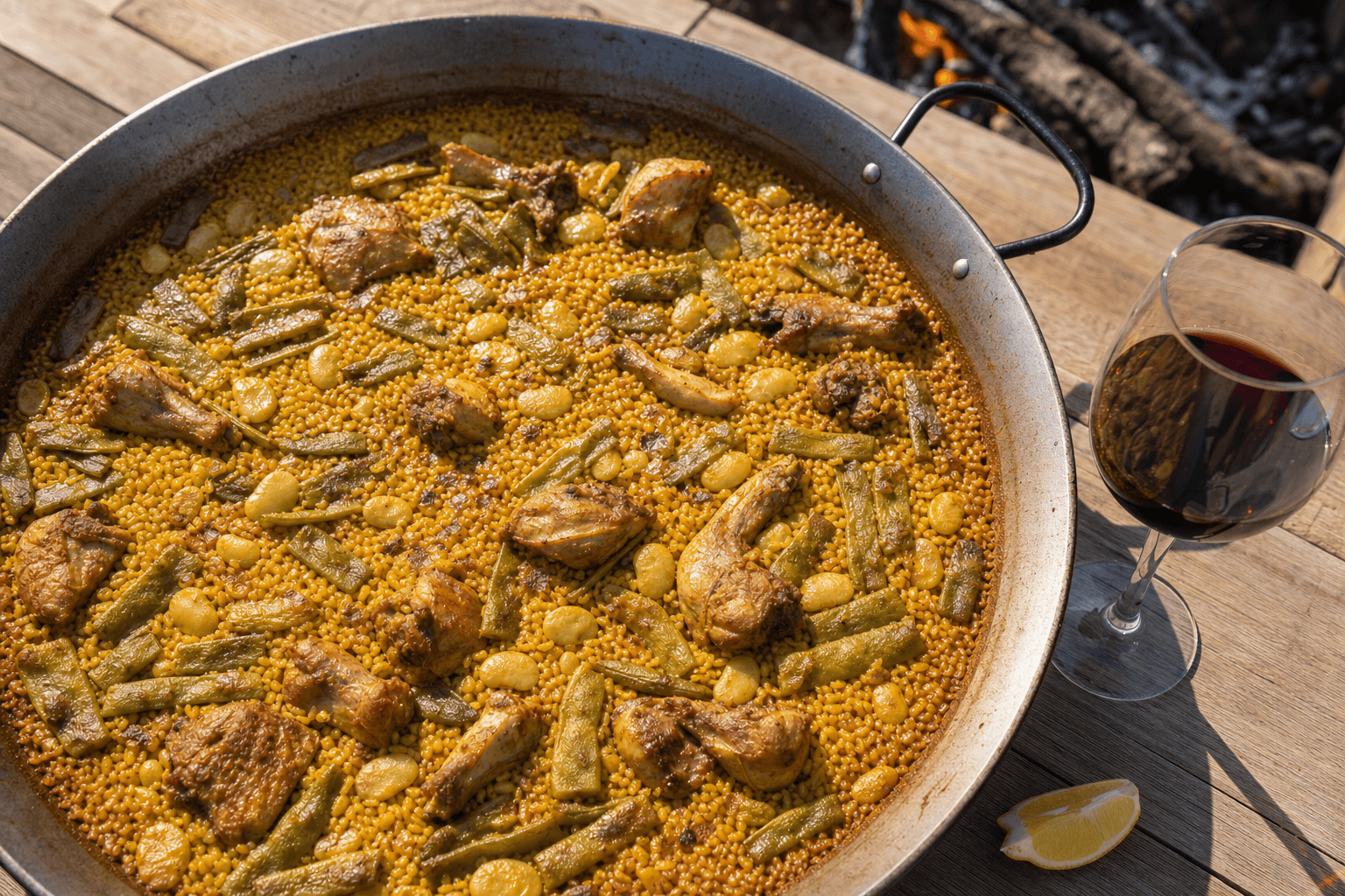 Paella valenciana auténtica en su paellera con una copa de vino de Utiel-Requena