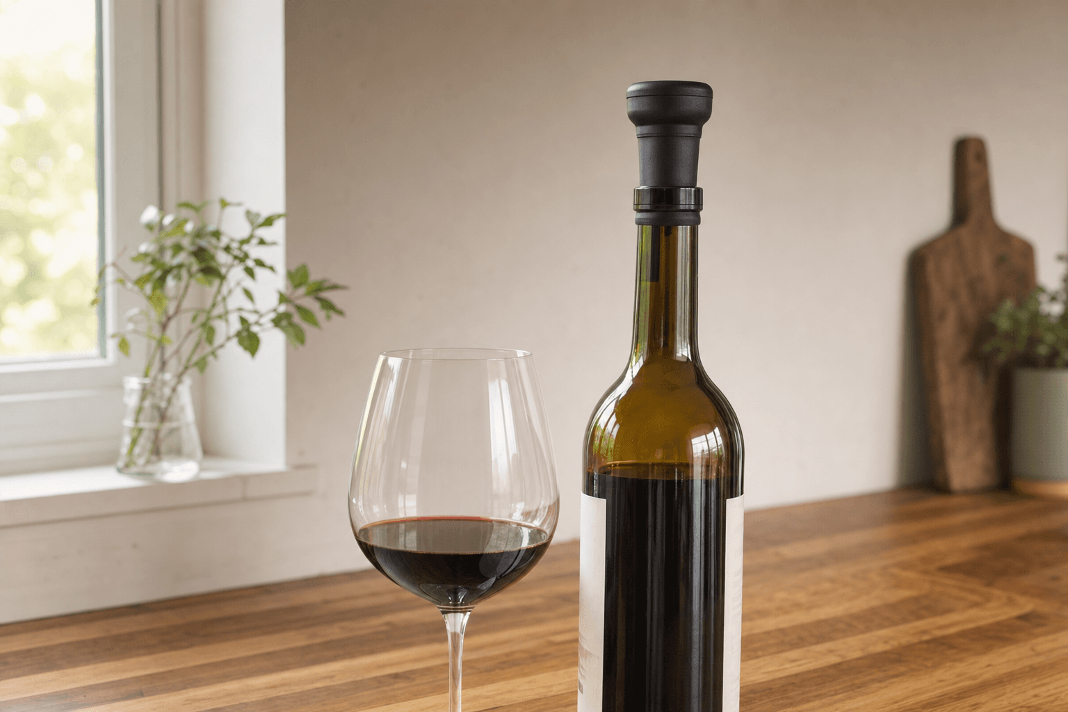 Botella de vino abierta con tapón de vacío junto a una copa servida