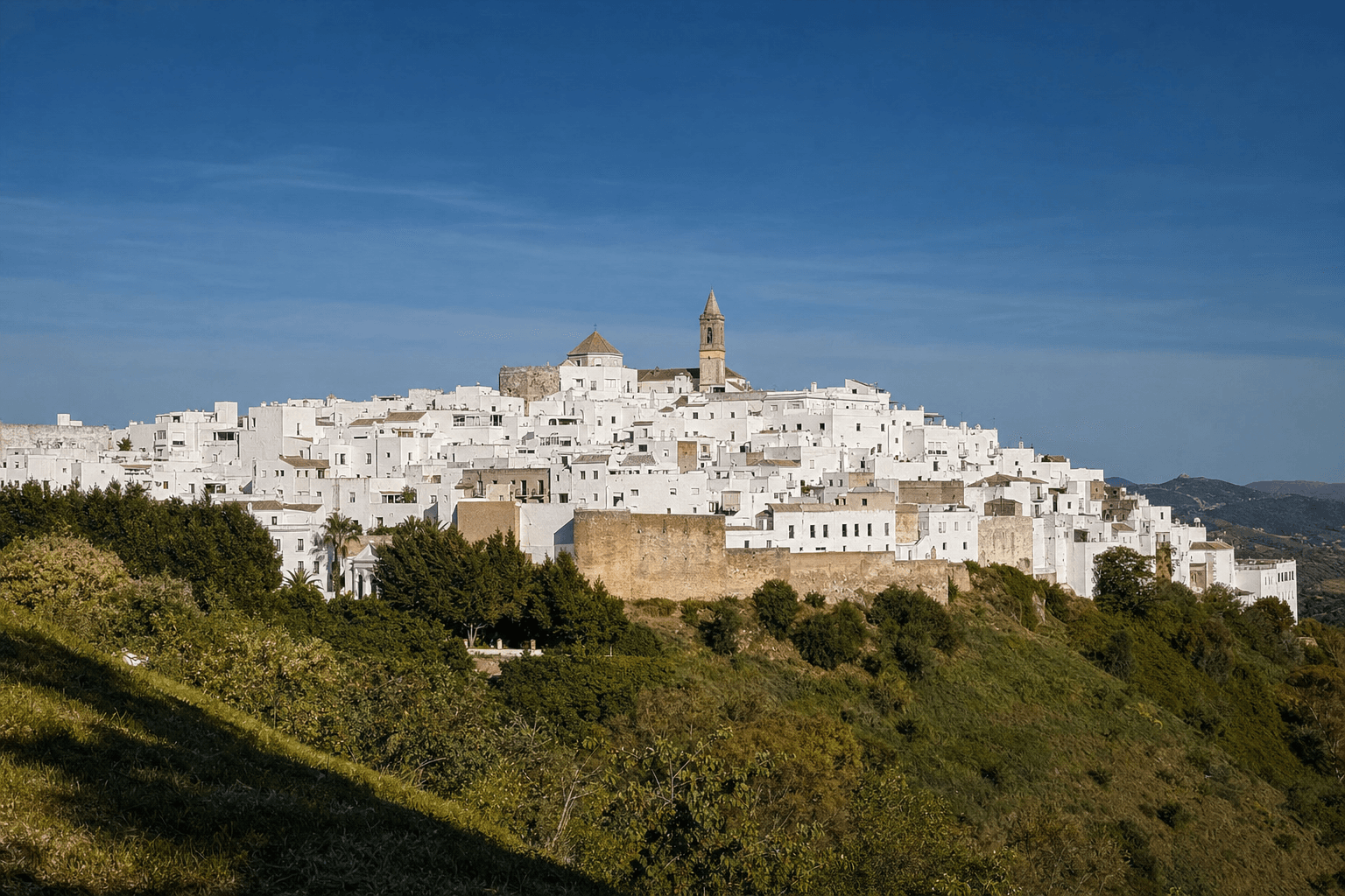 Pueblo blanco de Vejer de la Frontera sobre su colina bajo el sol andaluz
