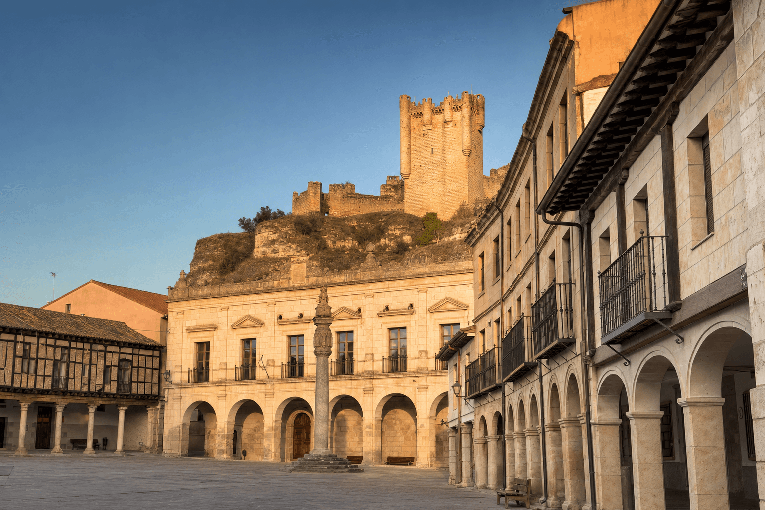 Plaza mayor porticada de Peñaranda de Duero con su palacio renacentista y el castillo arriba