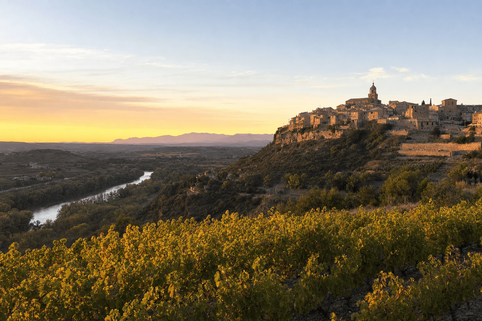 Pueblo de Briones sobre su cerro con viñedos de Rioja y el Ebro a sus pies