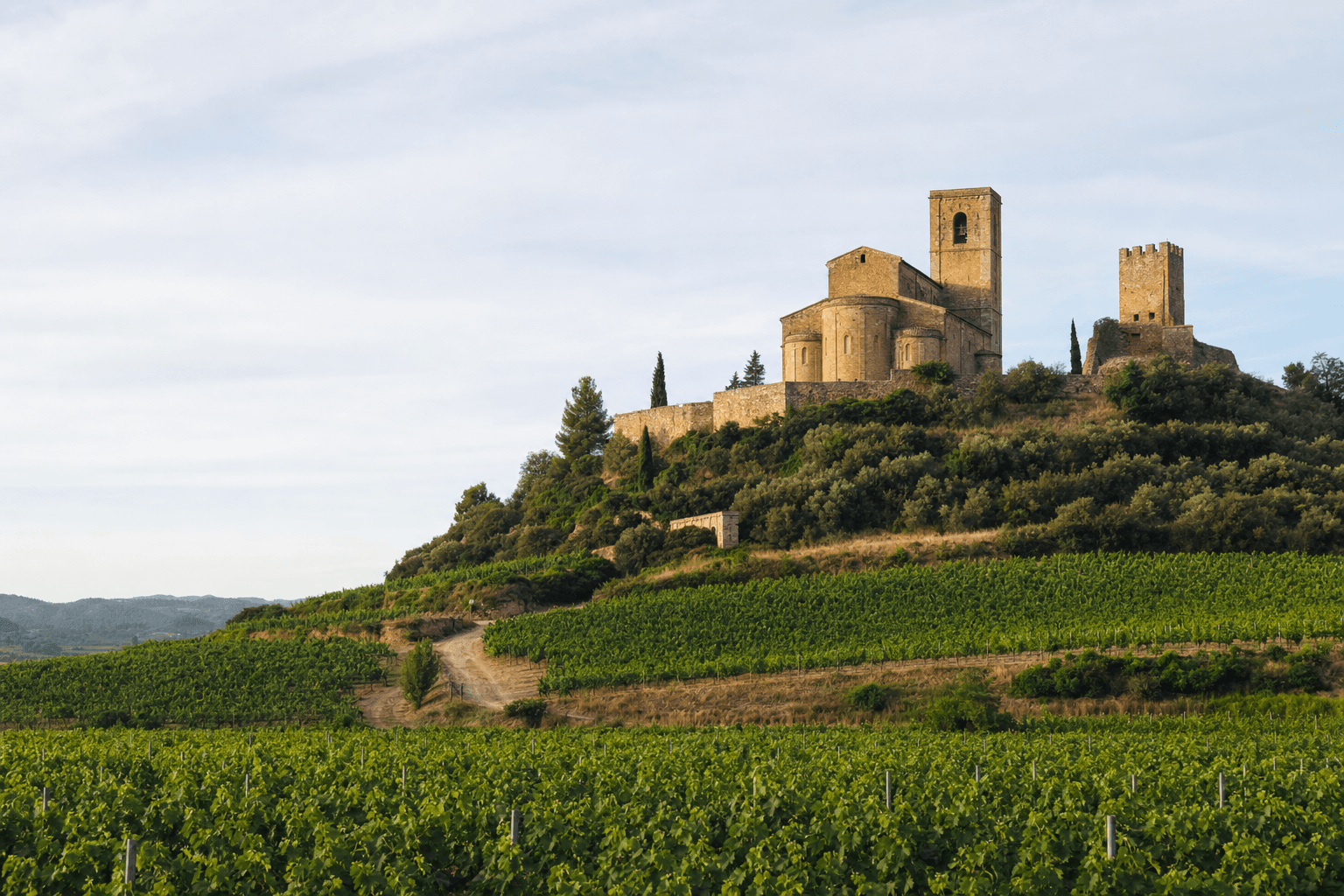Castillo e iglesia románica de Sant Martí Sarroca sobre los viñedos del Penedès