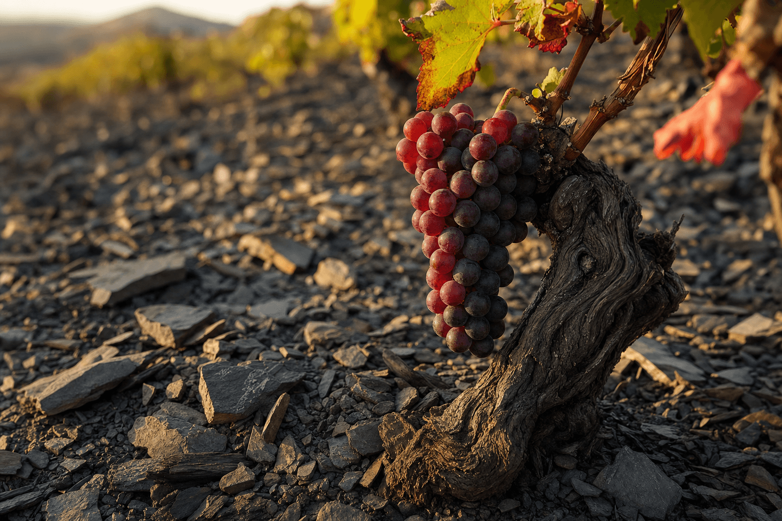 Racimo de uva garnacha madura en una cepa vieja en suelo de pizarra