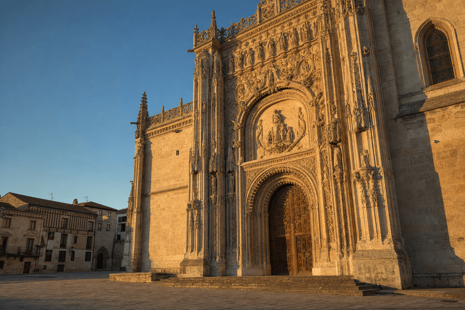 Portada de la iglesia de Santa María la Real de Aranda de Duero al atardecer
