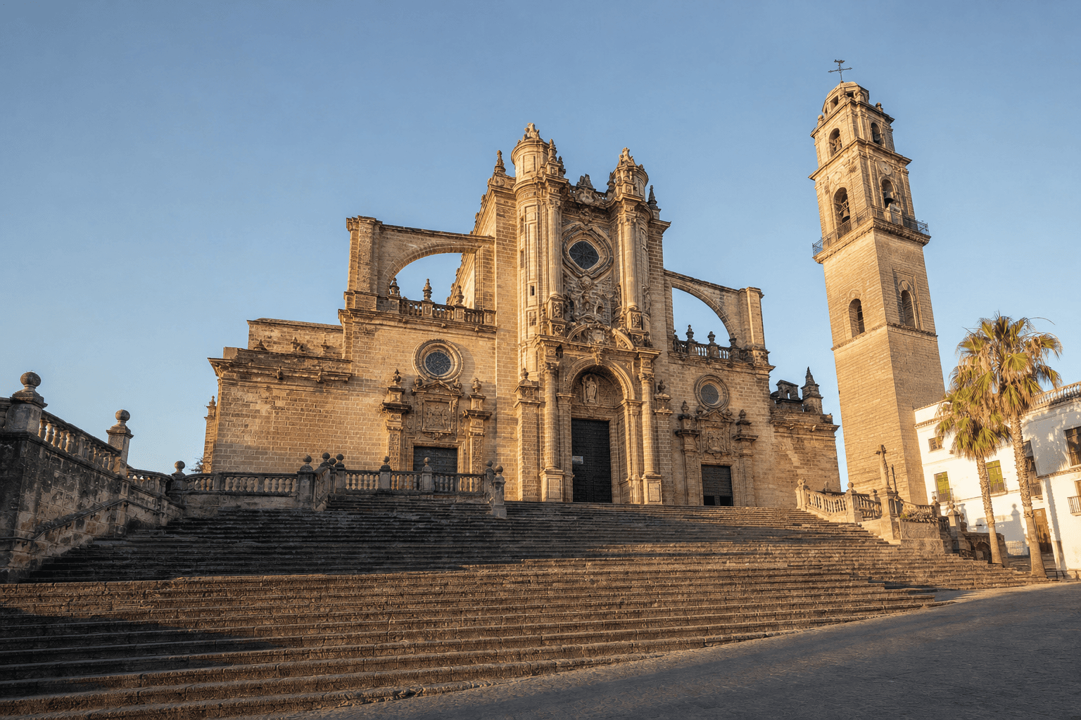 Catedral de Jerez de la Frontera con su fachada barroca sobre la escalinata al atardecer