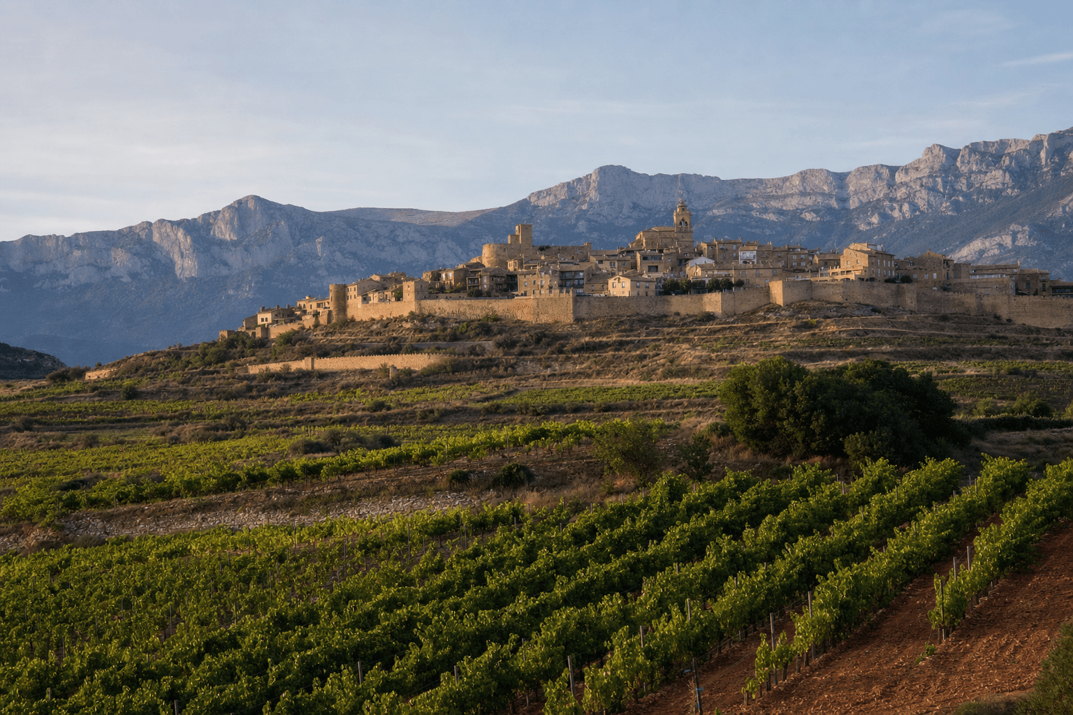 Pueblo amurallado de Laguardia sobre los viñedos de Rioja Alavesa con la sierra de Cantabria al fondo