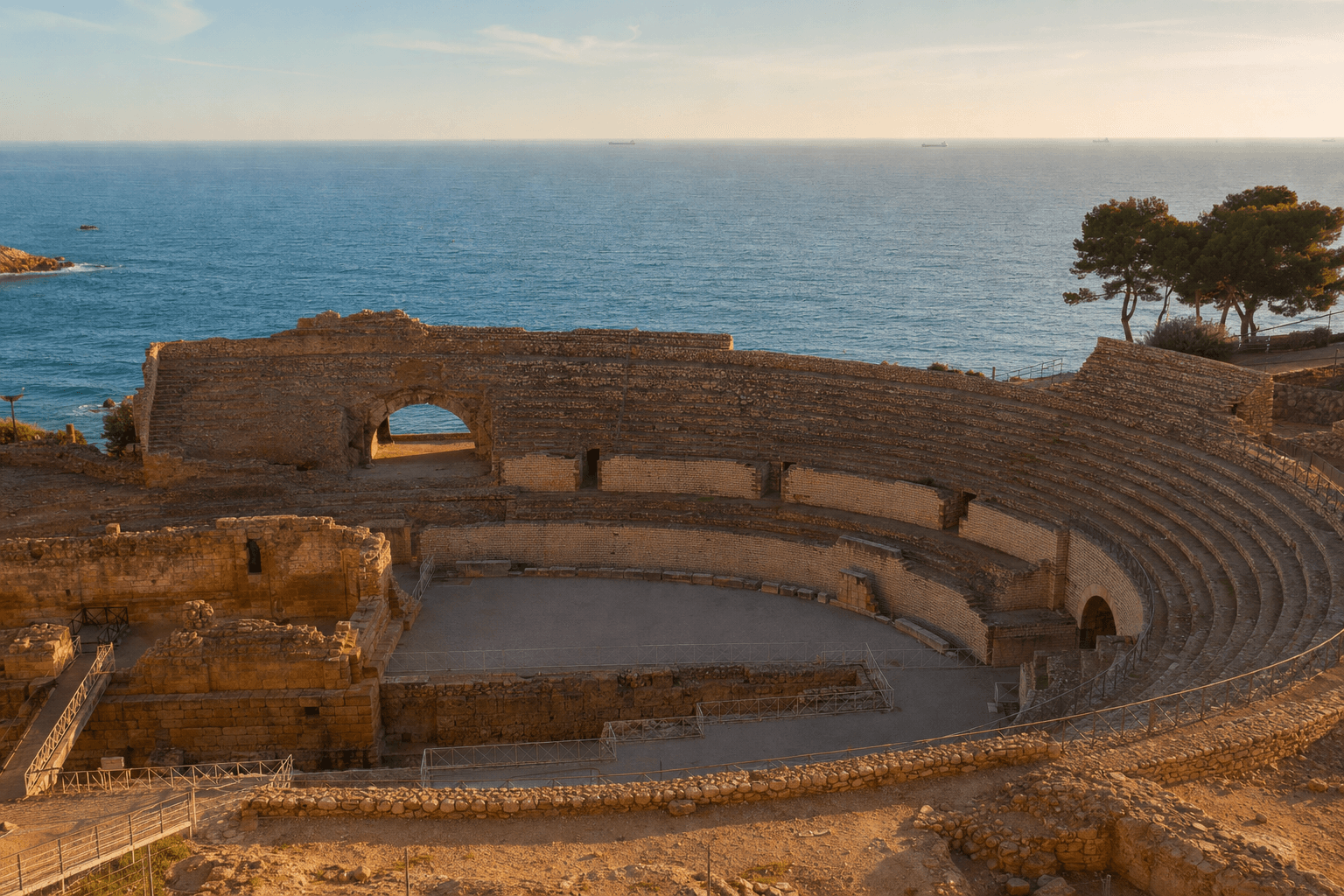 Anfiteatro romano de Tarragona junto al mar Mediterráneo al atardecer