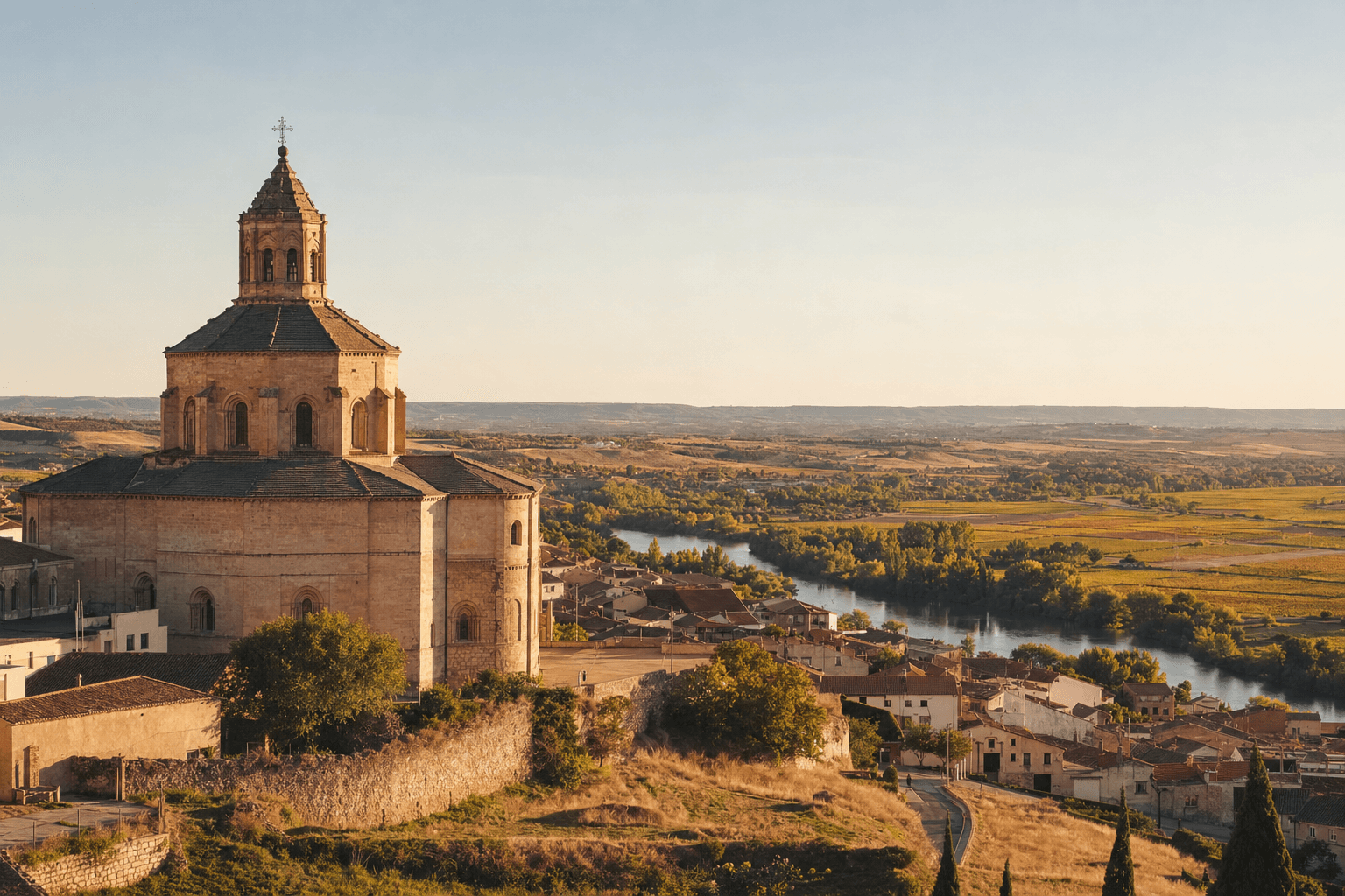 Colegiata de Santa María la Mayor de Toro sobre el valle del Duero al atardecer