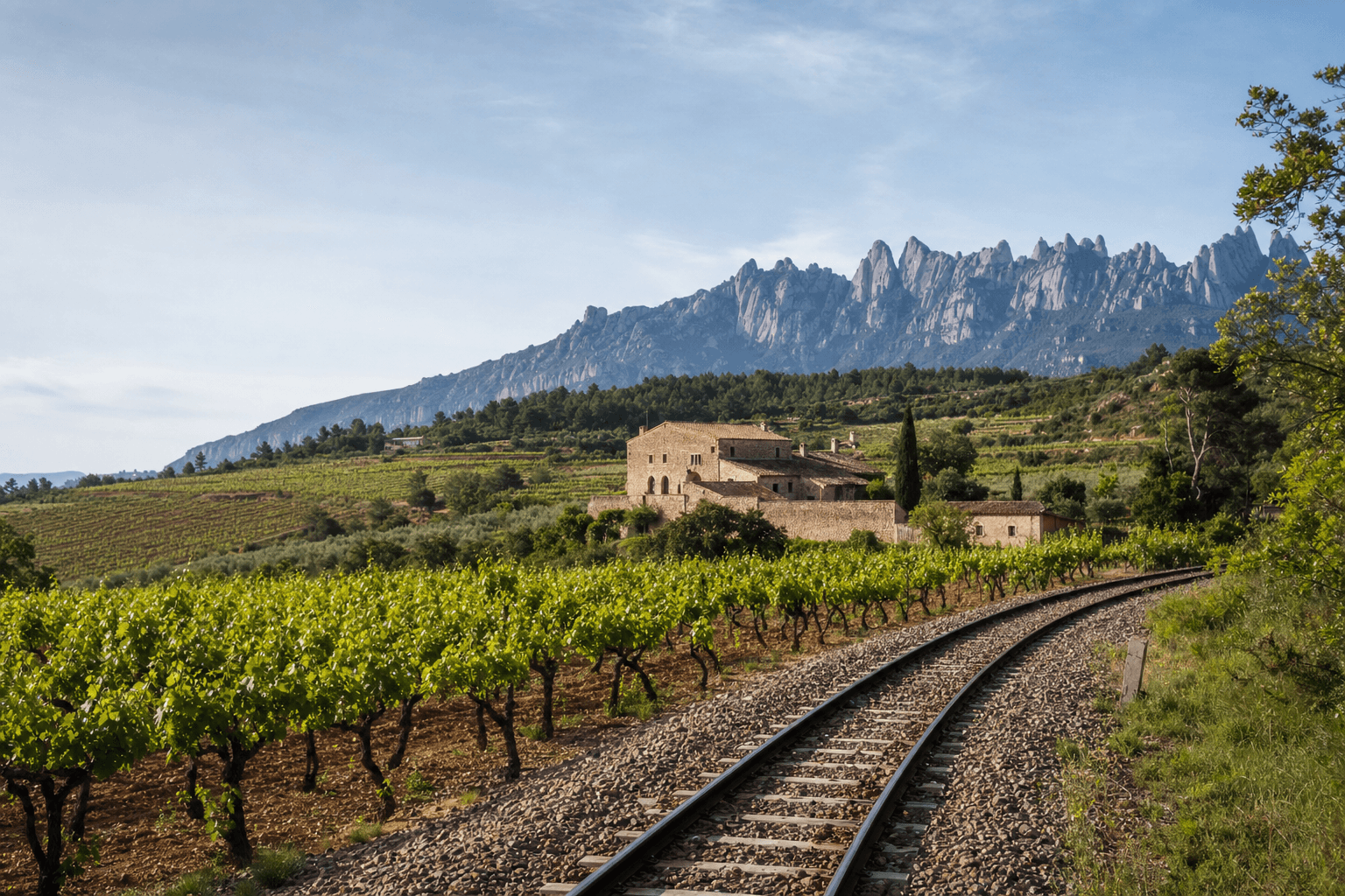 Hileras de viñedo del Penedès con una masía y botellas de cava en primer término