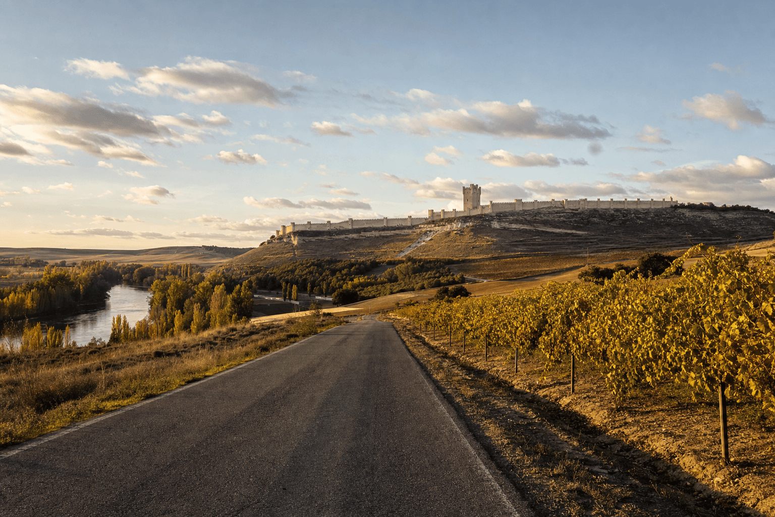 La N-122 entre viñedos de Ribera del Duero con el castillo de Peñafiel a lo lejos
