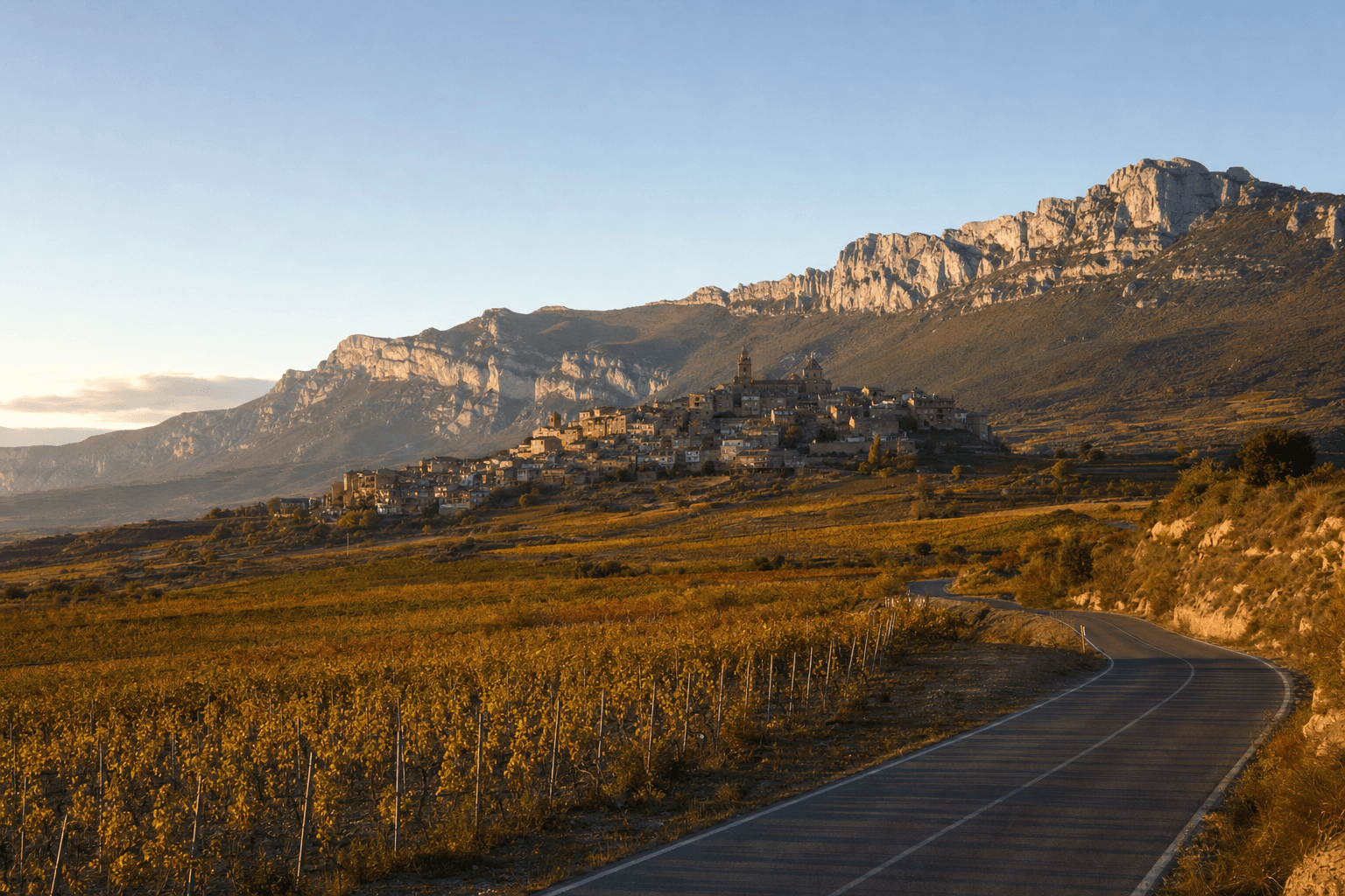 Carretera entre viñedos de Rioja Alavesa con Laguardia y la sierra de Cantabria al fondo