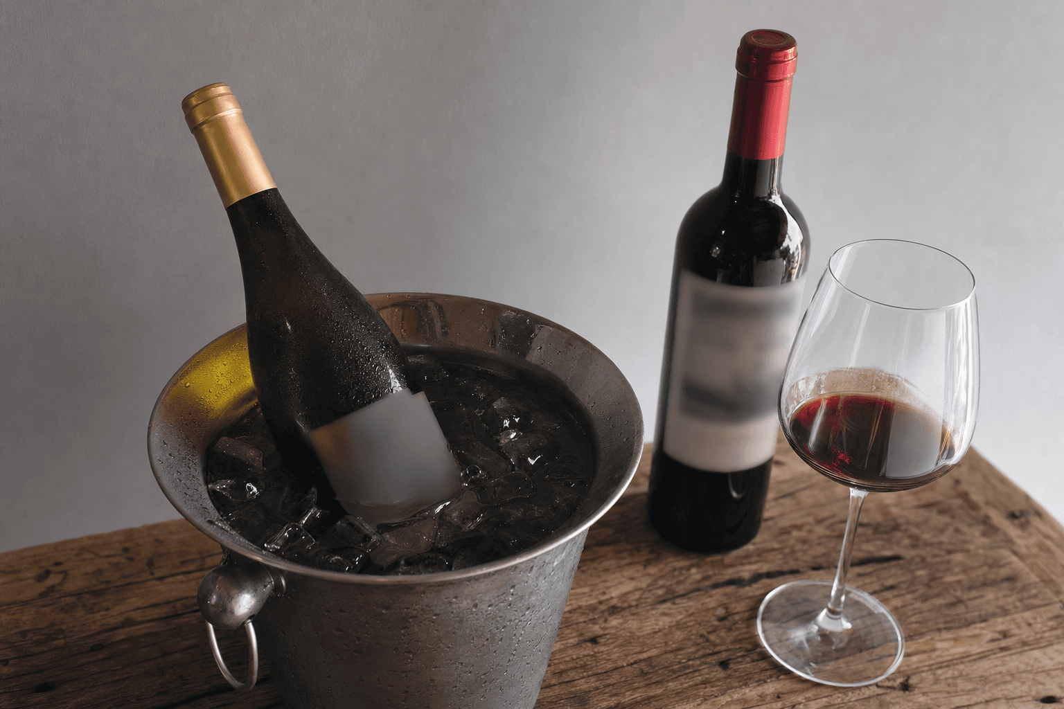 Termómetro de vino y una cubitera junto a botellas de tinto y blanco