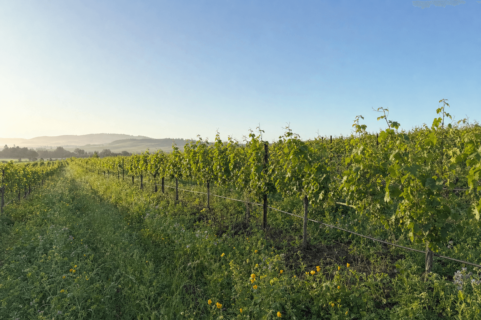 Viñedo ecológico con cubierta vegetal entre las cepas y cielo despejado