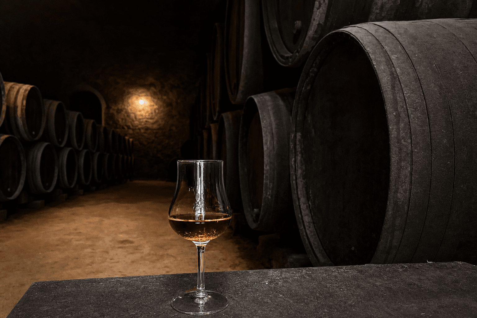Copa de single malt jerezado junto a botas de jerez en un almacén tradicional de crianza