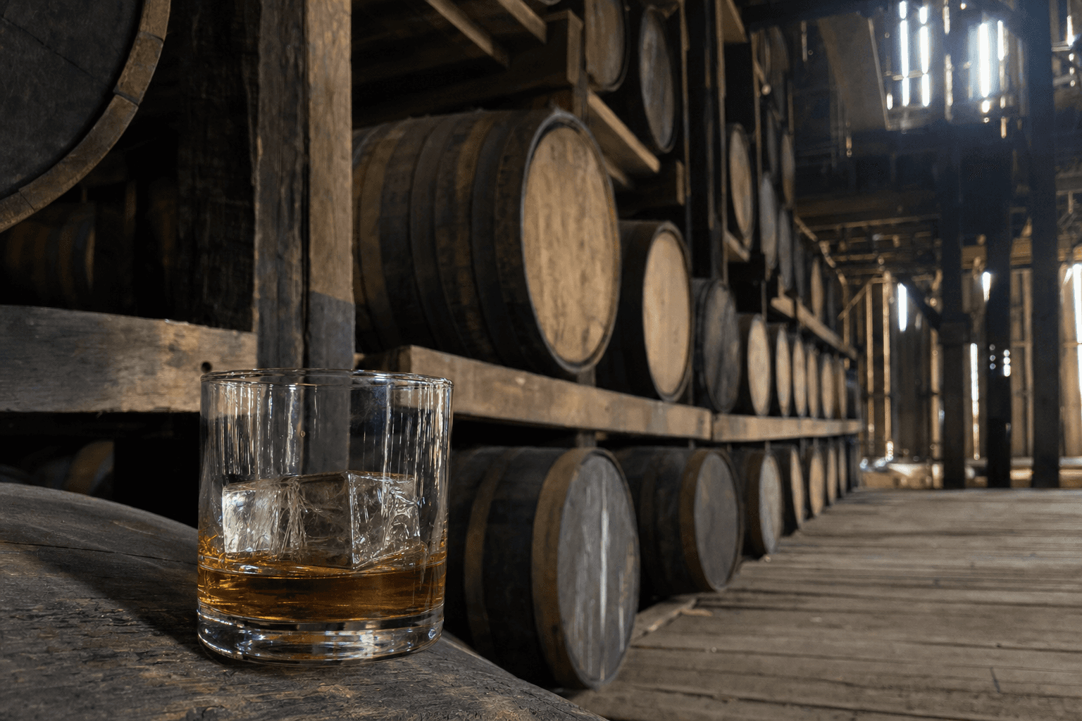 Vaso de bourbon junto a barricas de roble nuevo tostado en un almacén de Kentucky