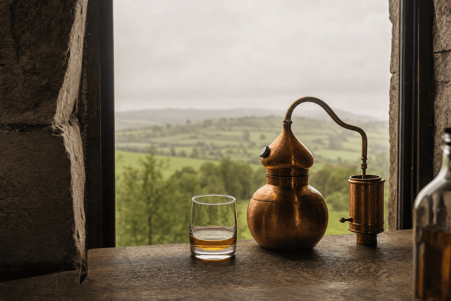 Vaso de whiskey irlandés junto a un alambique de cobre con campiña verde al fondo