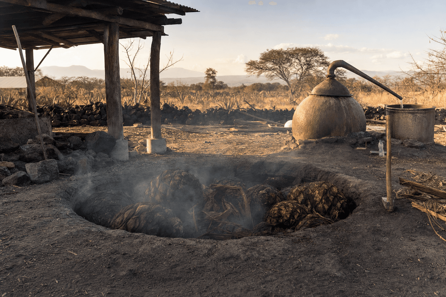 Horno cónico de tierra con piñas de agave y humo en un palenque mezcalero de Oaxaca