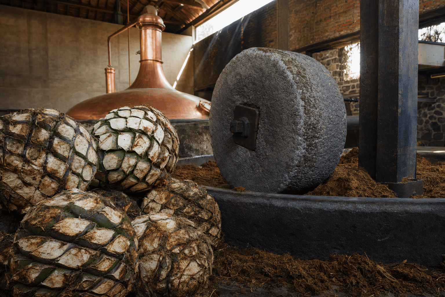 Piñas de agave azul cocidas junto a una tahona de piedra volcánica en una destilería de Jalisco