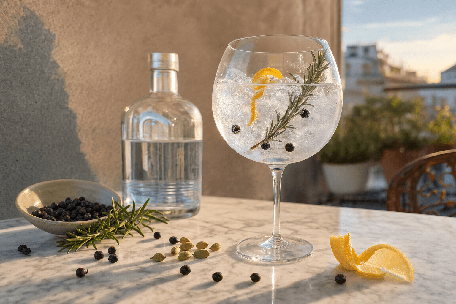 Gin-tonic en copa de balón con enebro, romero y piel de cítrico junto a botánicos