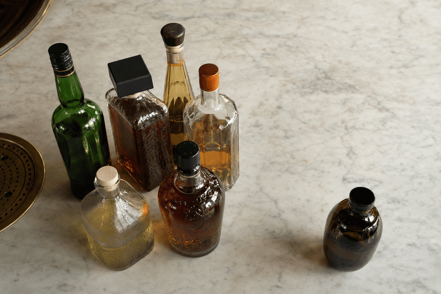 Bodegón cenital de botellas de licores europeos sobre mármol