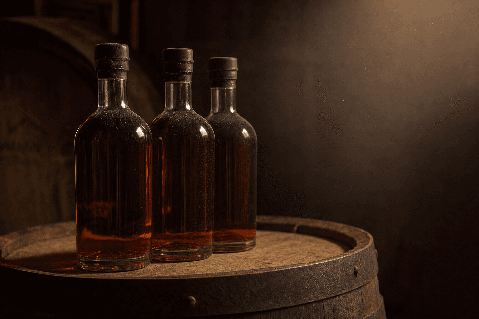 Botellas de ron premium sobre una barrica de roble